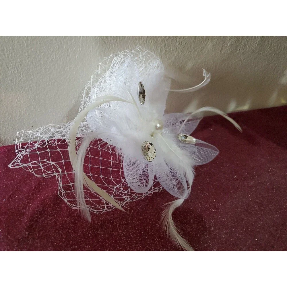 Girls netted white flower hair clip Communion Wedding clear stud stones